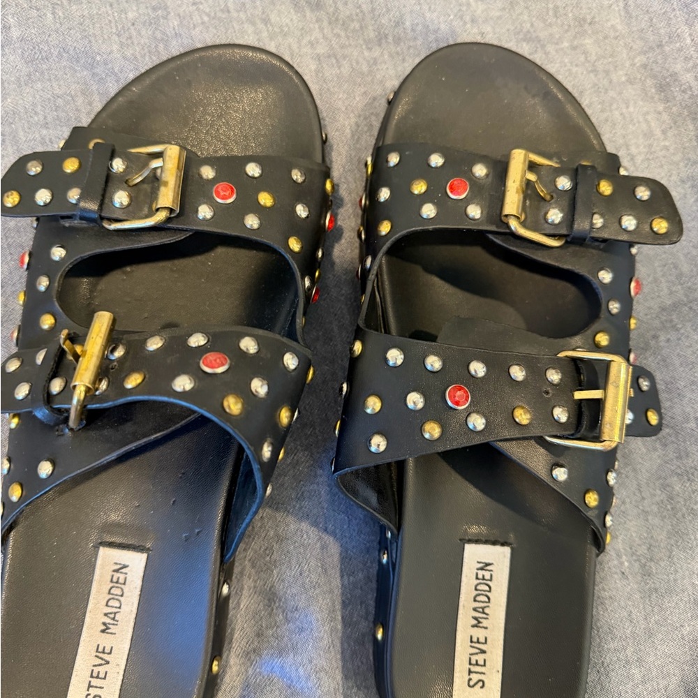 Steve Madden Black Studded Double-Buckle Slide Sandals with Red Accents